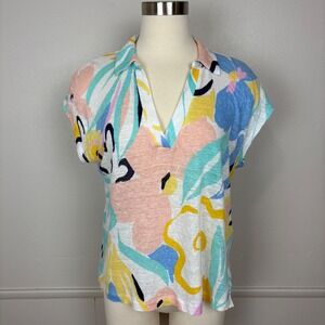 Rachel Zoe Linen Top Size L Cap Sleeve Collared Multicolor Floral Abstract Print